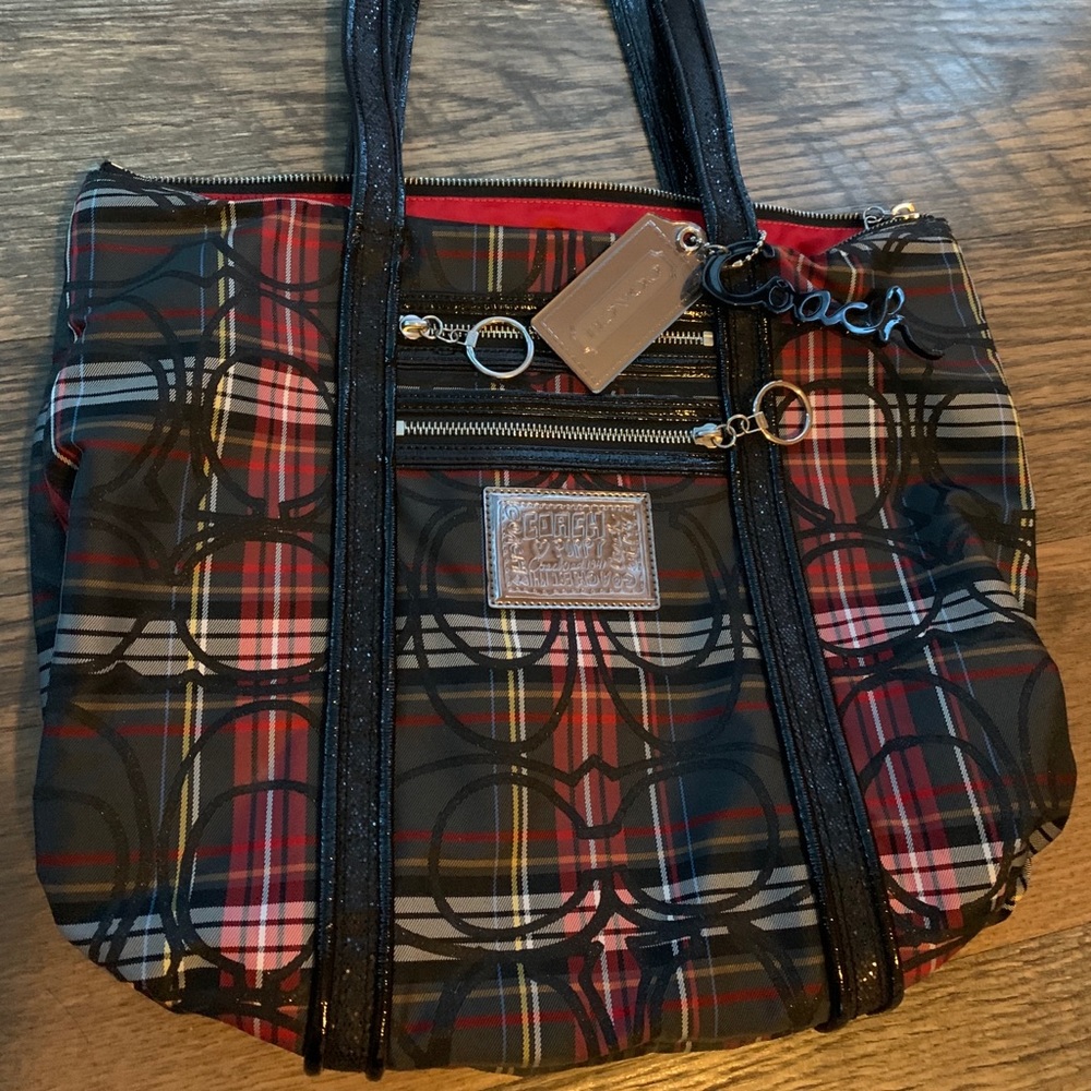 Coach Poppy black and red plaid tote